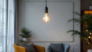 A photograph of a stylish single hanging light fixture in a modern interior setting