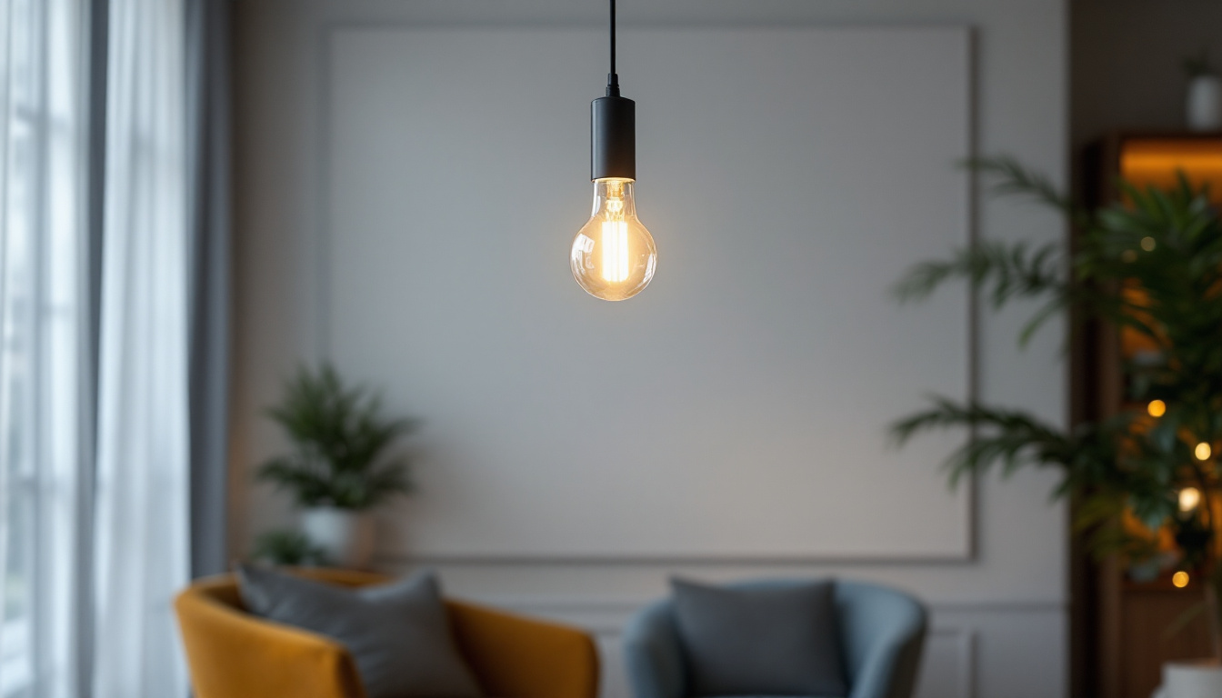 A photograph of a stylish single hanging light fixture in a modern interior setting