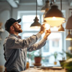 A photograph of a lighting contractor expertly installing or adjusting various types of lighting fixtures in a well-lit space