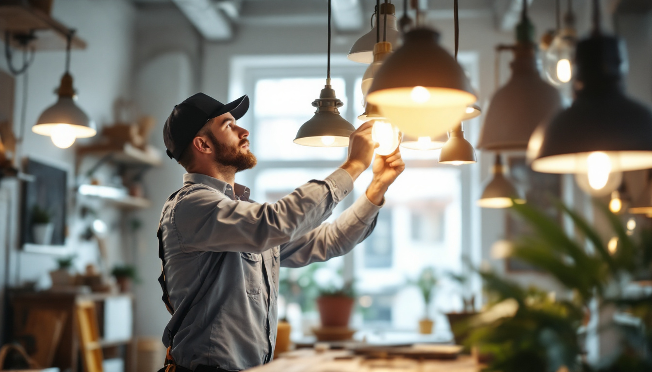 A photograph of a lighting contractor expertly installing or adjusting various types of lighting fixtures in a well-lit space