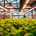 A photograph of a modern greenhouse interior showcasing vibrant plants under energy-efficient led grow lights