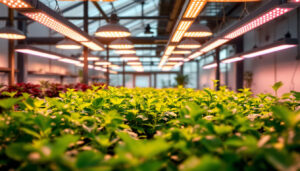 A photograph of a modern greenhouse interior showcasing vibrant plants under energy-efficient led grow lights