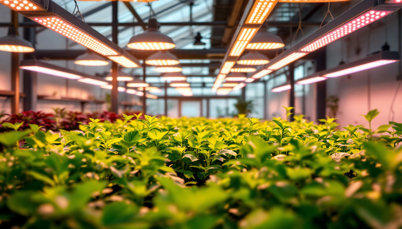 A photograph of a modern greenhouse interior showcasing vibrant plants under energy-efficient led grow lights