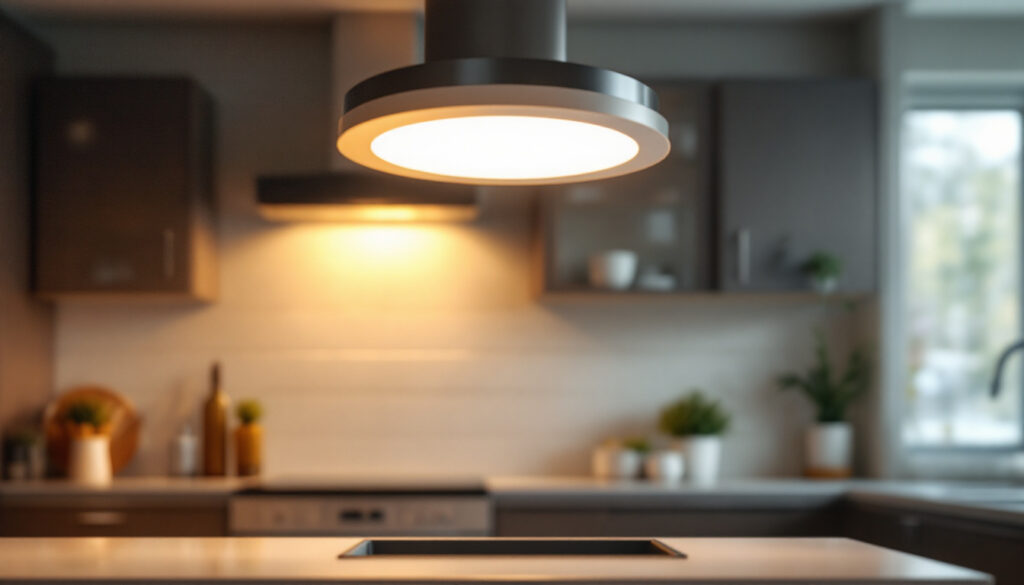 A photograph of a stylish flush mount kitchen light illuminating a contemporary kitchen space