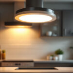 A photograph of a stylish flush mount kitchen light illuminating a contemporary kitchen space
