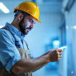 A photograph of a lighting contractor demonstrating the use of an ultraviolet sanitizer in a real-world setting