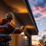 A photograph of a lighting contractor installing exterior emergency lights on a building