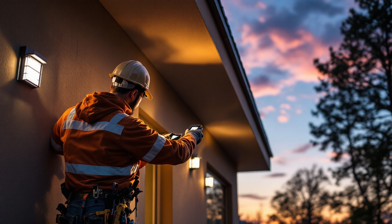 A photograph of a lighting contractor installing exterior emergency lights on a building