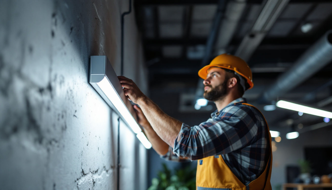 A photograph of a lighting contractor installing a commercial linear led light bar in a modern workspace
