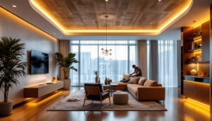 A photograph of a beautifully designed room featuring a cove light ceiling