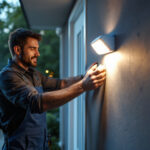 A photograph of a lighting contractor installing motion sensor led lights in a residential or commercial setting