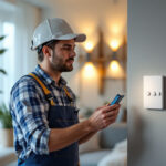 A photograph of a professional lighting contractor installing an automatic light timer in a modern home setting