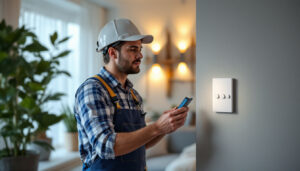 A photograph of a professional lighting contractor installing an automatic light timer in a modern home setting