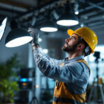 A photograph of a lighting contractor in action