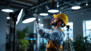 A photograph of a lighting contractor in action
