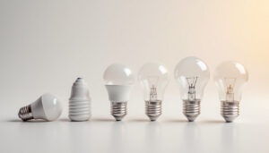 A photograph of a close-up view of various standard light bulb bases alongside a light bulb and a measuring tape
