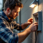 A photograph of a skilled lighting contractor installing or inspecting an electrical exterior box in a residential or commercial setting