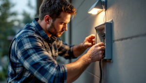 A photograph of a skilled lighting contractor installing or inspecting an electrical exterior box in a residential or commercial setting