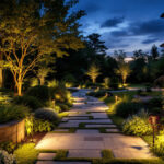 A photograph of a beautifully illuminated outdoor landscape at dusk