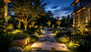 A photograph of a beautifully illuminated outdoor landscape at dusk