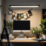 A photograph of a well-lit workspace featuring a 4-foot led shop light illuminating a stylish and organized area