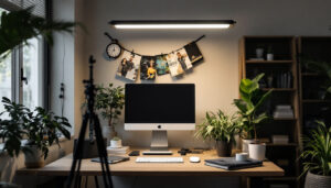 A photograph of a well-lit workspace featuring a 4-foot led shop light illuminating a stylish and organized area