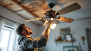 A photograph of a lighting contractor installing a ceiling fan switch in a residential setting