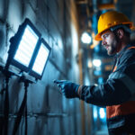 A photograph of a lighting contractor efficiently installing led floodlights at a construction site