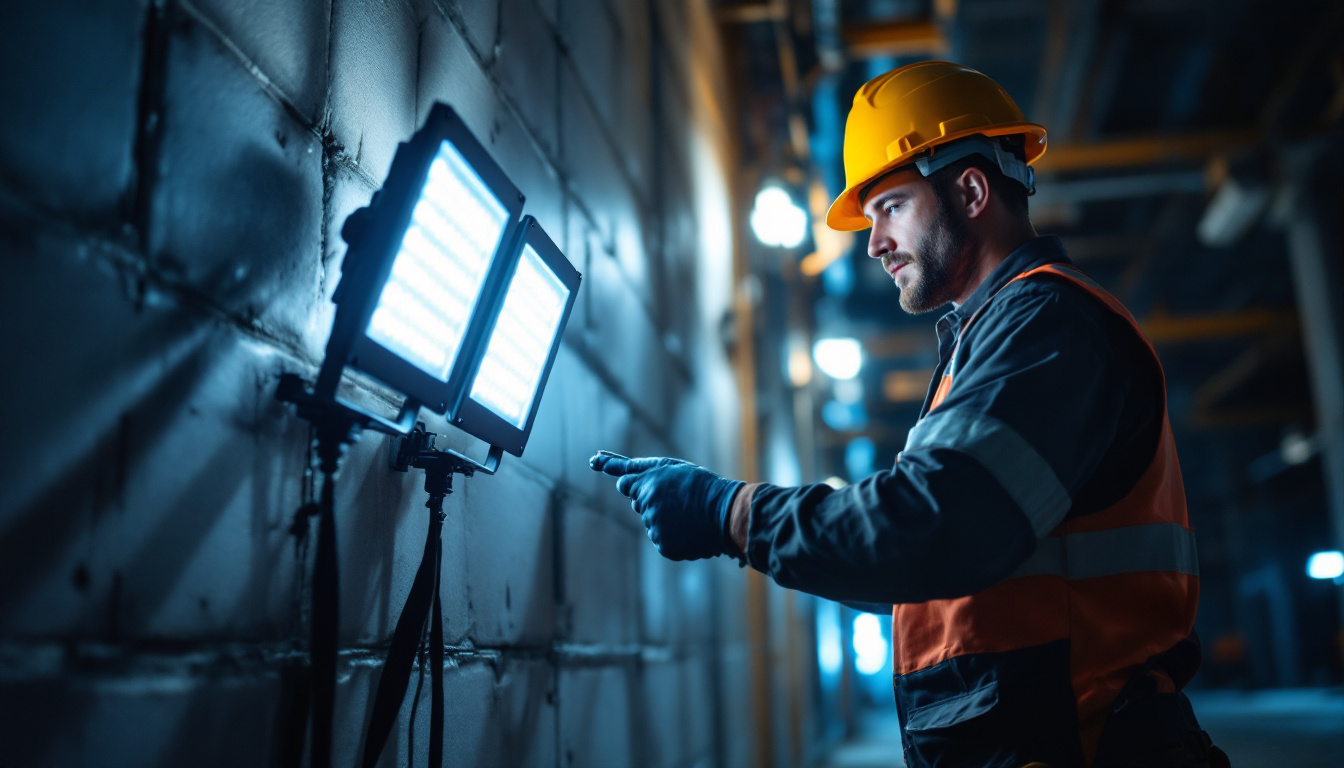 A photograph of a lighting contractor efficiently installing led floodlights at a construction site