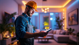 A photograph of a lighting contractor showcasing vibrant