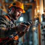 A photograph of a lighting contractor skillfully working with wire cords in a dynamic construction environment