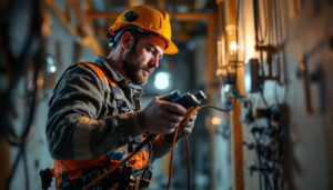 A photograph of a lighting contractor skillfully working with wire cords in a dynamic construction environment
