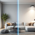 A photograph of a modern living space showcasing a before-and-after comparison of can lights replaced with sleek led fixtures