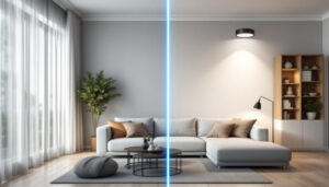 A photograph of a modern living space showcasing a before-and-after comparison of can lights replaced with sleek led fixtures