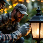 A photograph of a skilled contractor carefully replacing a solar panel on a decorative lantern