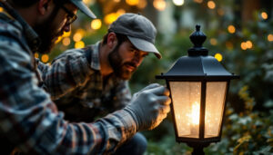 A photograph of a skilled contractor carefully replacing a solar panel on a decorative lantern