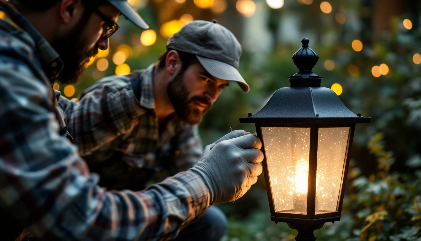 A photograph of a skilled contractor carefully replacing a solar panel on a decorative lantern