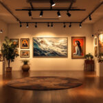 A photograph of a beautifully lit art gallery showcasing various artworks under the warm glow of strategically placed lamps