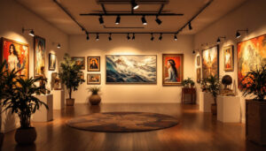 A photograph of a beautifully lit art gallery showcasing various artworks under the warm glow of strategically placed lamps
