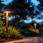 A photograph of a beautifully landscaped outdoor space illuminated by stylish can lights at dusk
