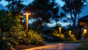A photograph of a beautifully landscaped outdoor space illuminated by stylish can lights at dusk