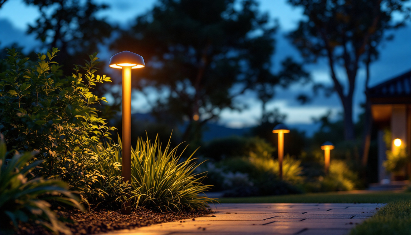 A photograph of a beautifully landscaped outdoor space illuminated by stylish can lights at dusk