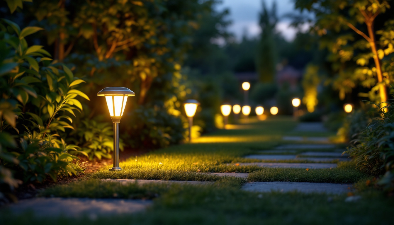 A photograph of a beautifully lit outdoor space featuring solar-powered led lights illuminating pathways and garden areas