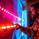 A photograph of a lighting contractor installing led bulb strips in a residential or commercial setting