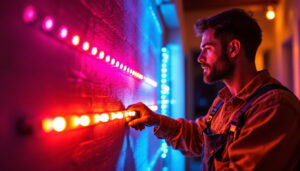 A photograph of a lighting contractor installing led bulb strips in a residential or commercial setting