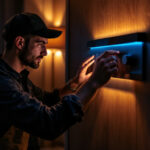 A photograph of a skilled lighting contractor adjusting a stylish lamp dimming switch in a beautifully lit room