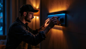 A photograph of a skilled lighting contractor adjusting a stylish lamp dimming switch in a beautifully lit room