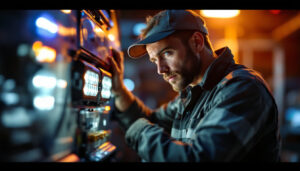 A photograph of a skilled lighting contractor installing or adjusting backup lights on a vehicle