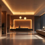 A photograph of a modern architectural space illuminated by innovative lighting designs