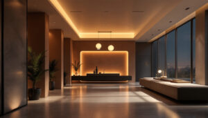 A photograph of a modern architectural space illuminated by innovative lighting designs